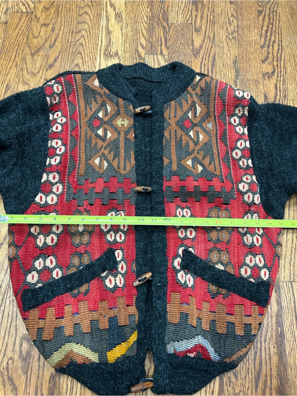 Patterned Toggle Cardigan Sweater - Black with Red & Brown Accents - Picture 4 of 7